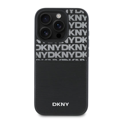 Apple iPhone 16 Pro Max Kılıf DKNY Orjinal Lisanslı Kartlıklı 3D Yazılı Repeat Texture Pattern Kapak Siyah