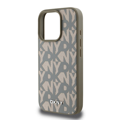 Apple iPhone 16 Pro Max Kılıf DKNY Orjinal Lisanslı M-safe Şarj Özellikli 3D Yazılı Grid Pattern Kapak Gri