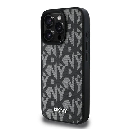Apple iPhone 16 Pro Max Kılıf DKNY Orjinal Lisanslı M-safe Şarj Özellikli 3D Yazılı Grid Pattern Kapak Gri