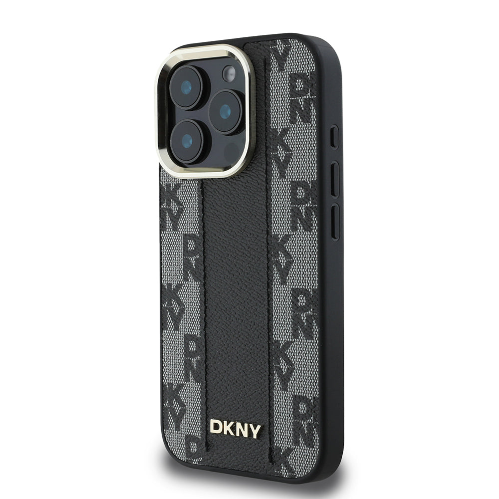 Apple iPhone 16 Pro Max Kılıf DKNY Orjinal Lisanslı M-safe Şarj Özellikli 3D Yazılı Checkered Pattern Kapak Siyah