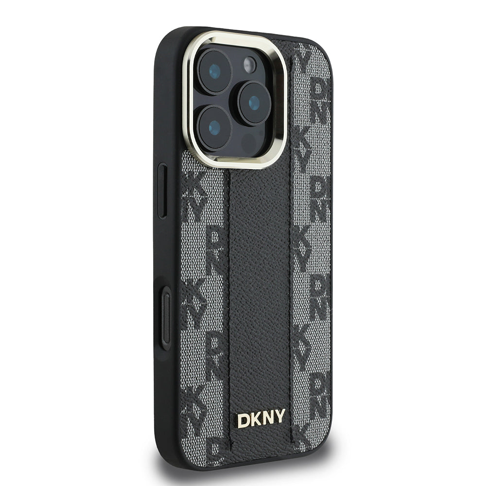 Apple iPhone 16 Pro Max Kılıf DKNY Orjinal Lisanslı M-safe Şarj Özellikli 3D Yazılı Checkered Pattern Kapak Siyah