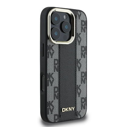 Apple iPhone 16 Pro Max Kılıf DKNY Orjinal Lisanslı M-safe Şarj Özellikli 3D Yazılı Checkered Pattern Kapak Siyah