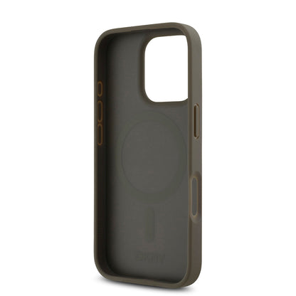 Apple iPhone 16 Pro Max Kılıf DKNY Orjinal Lisanslı M-safe Şarj Özellikli 3D Yazılı Repeat Pattern Kapak Kahverengi