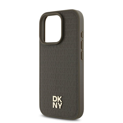 Apple iPhone 16 Pro Max Kılıf DKNY Orjinal Lisanslı M-safe Şarj Özellikli 3D Yazılı Repeat Pattern Kapak Kahverengi