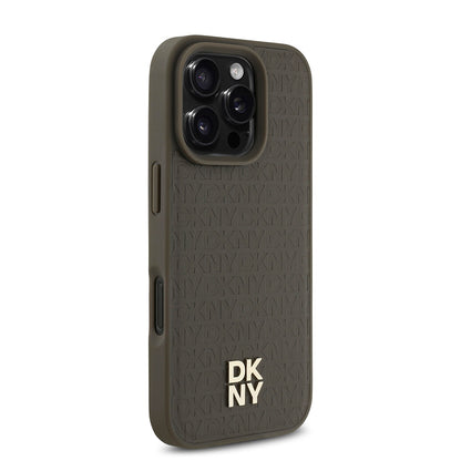 Apple iPhone 16 Pro Max Kılıf DKNY Orjinal Lisanslı M-safe Şarj Özellikli 3D Yazılı Repeat Pattern Kapak Kahverengi