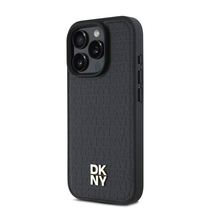 Apple iPhone 16 Pro Max Kılıf DKNY Orjinal Lisanslı M-safe Şarj Özellikli 3D Yazılı Repeat Pattern Kapak Kahverengi