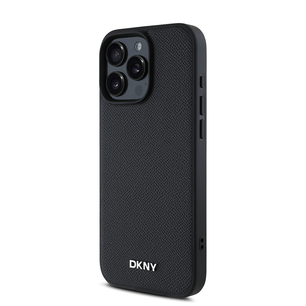 Apple iPhone 16 Pro Max Kılıf DKNY Orjinal Lisanslı M-safe Şarj Özellikli Metal Logolu PU Deri Grained Kapak Siyah