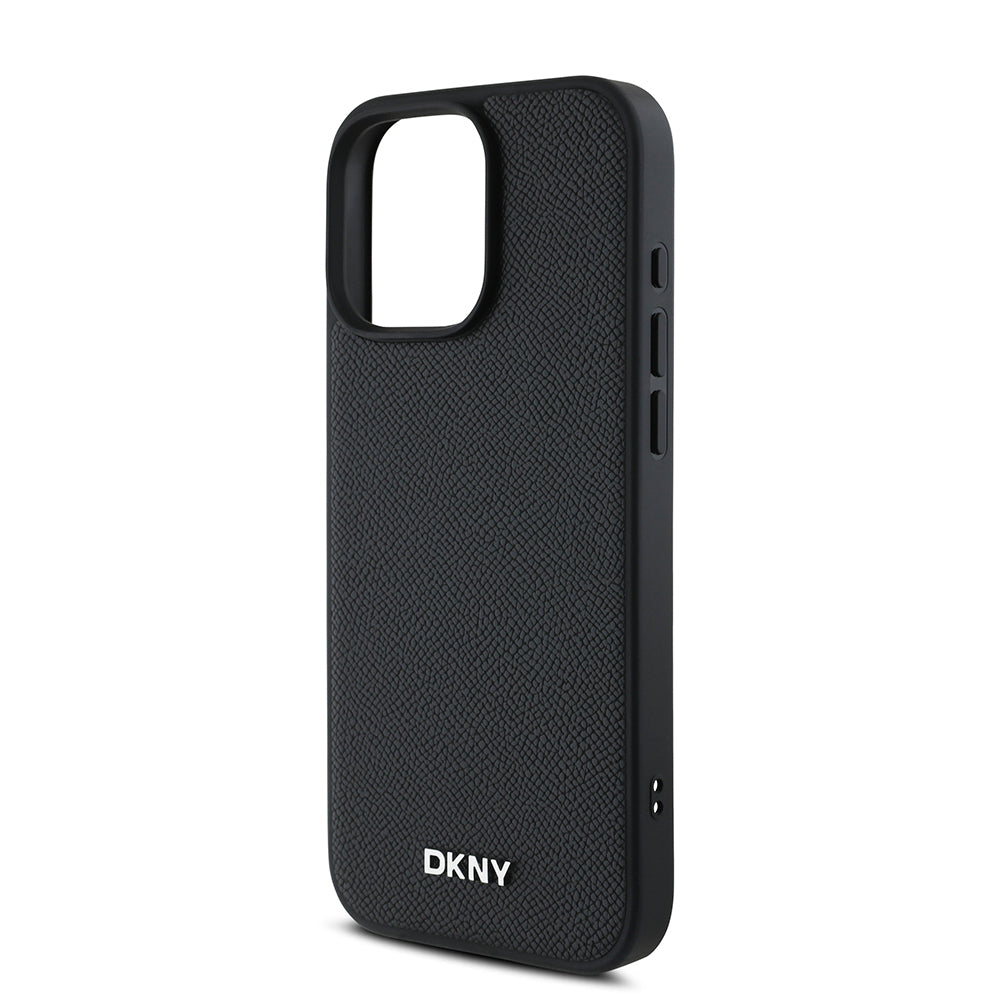 Apple iPhone 16 Pro Max Kılıf DKNY Orjinal Lisanslı M-safe Şarj Özellikli Metal Logolu PU Deri Grained Kapak Siyah