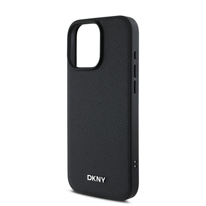 Apple iPhone 16 Pro Max Kılıf DKNY Orjinal Lisanslı M-safe Şarj Özellikli Metal Logolu PU Deri Grained Kapak Siyah