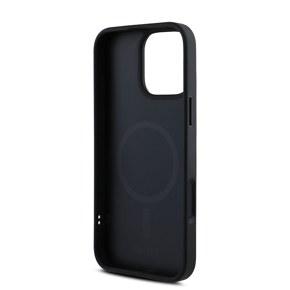 Apple iPhone 16 Pro Max Kılıf DKNY Orjinal Lisanslı M-safe Şarj Özellikli Metal Logolu PU Deri Grained Kapak Siyah