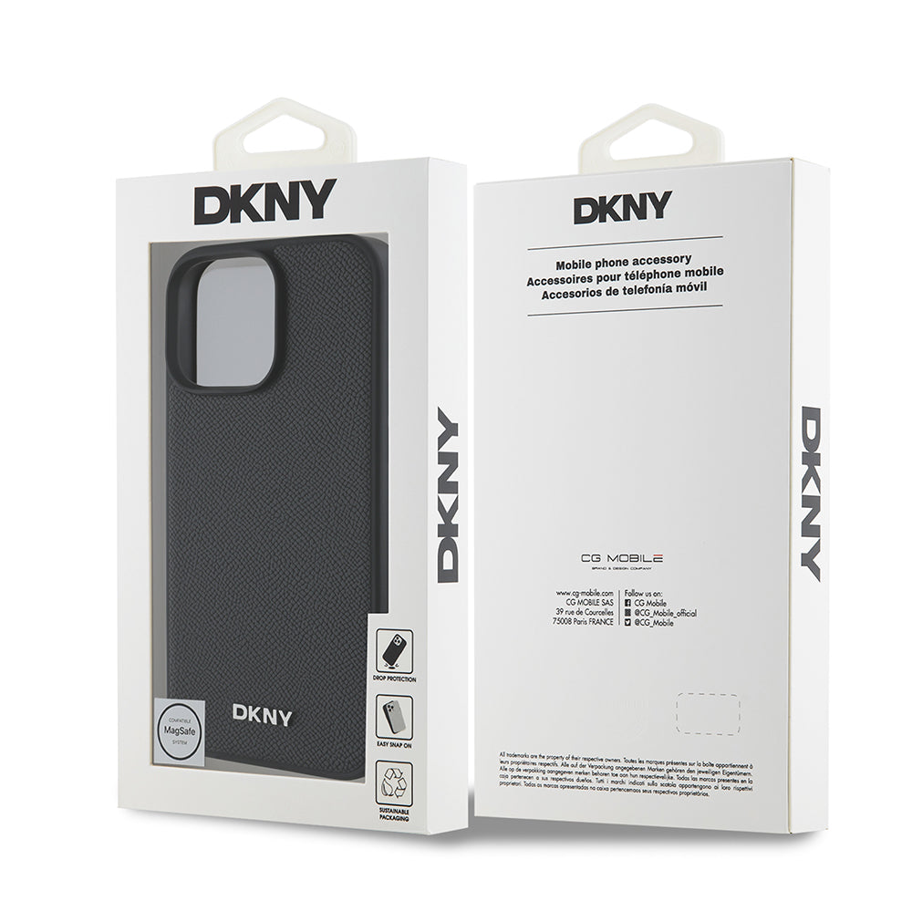 Apple iPhone 16 Pro Max Kılıf DKNY Orjinal Lisanslı M-safe Şarj Özellikli Metal Logolu PU Deri Grained Kapak Siyah