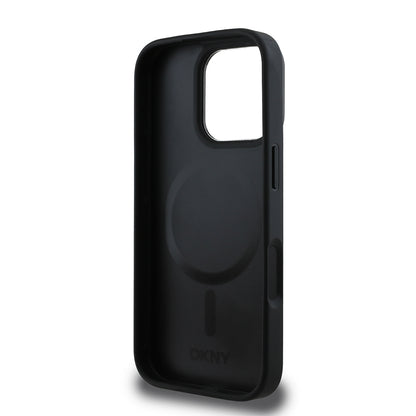 Apple iPhone 16 Pro Max Kılıf DKNY Orjinal Lisanslı M-safe Şarj Özellikli Metal Logolu PU Deri Plain Kapak Siyah