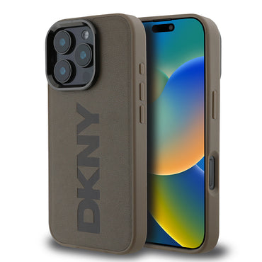 Apple iPhone 16 Pro Max Kılıf DKNY Orjinal Lisanslı M-safe Şarj Özellikli PU Deri Plain Kapak Kahverengi