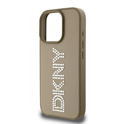 Apple iPhone 16 Pro Max Kılıf DKNY Orjinal Lisanslı Taşlı DKNY Yazılı Metalik Rhinestones PU Deri Kapak Kahverengi