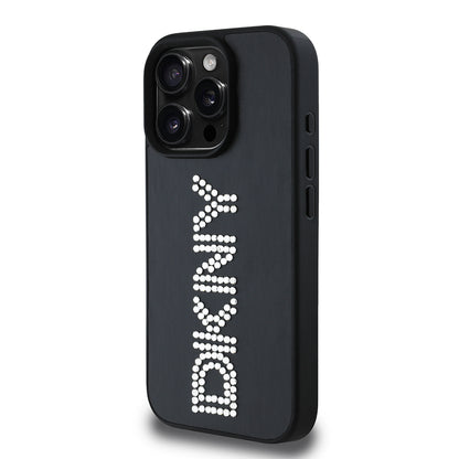 Apple iPhone 16 Pro Max Kılıf DKNY Orjinal Lisanslı Taşlı DKNY Yazılı Metalik Rhinestones PU Deri Kapak Kahverengi