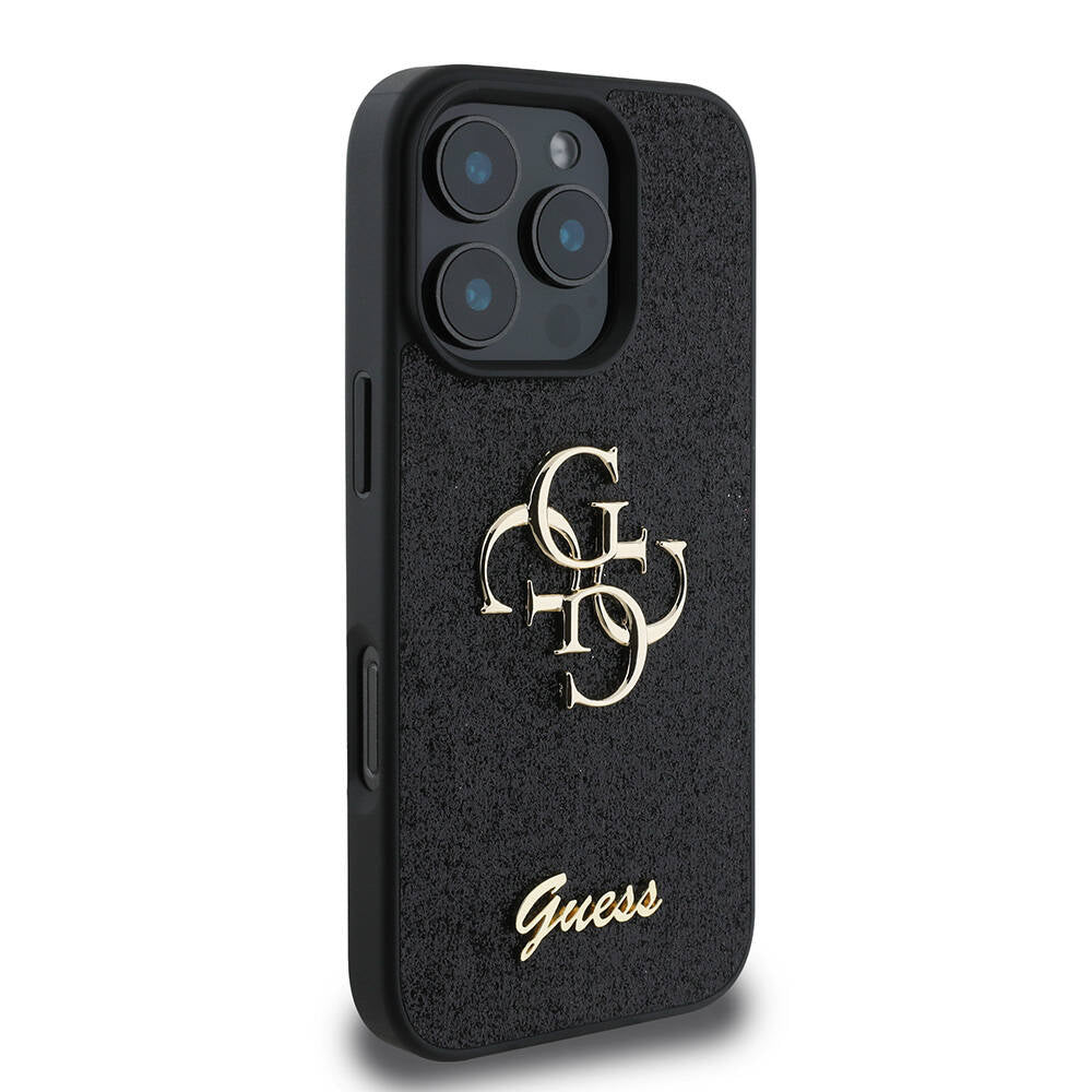 Apple iPhone 16 Pro Max Case Guess Original Licensed 4G Large Metal Logo Glitter Cover Black