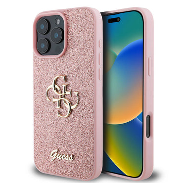 Apple iPhone 16 Pro Max Case Guess Original Licensed 4G Large Metal Logo Glitter Cover Black
