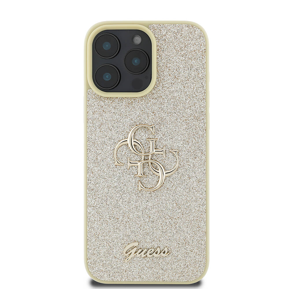 Apple iPhone 16 Pro Max Case Guess Original Licensed 4G Large Metal Logo Glitter Cover Black