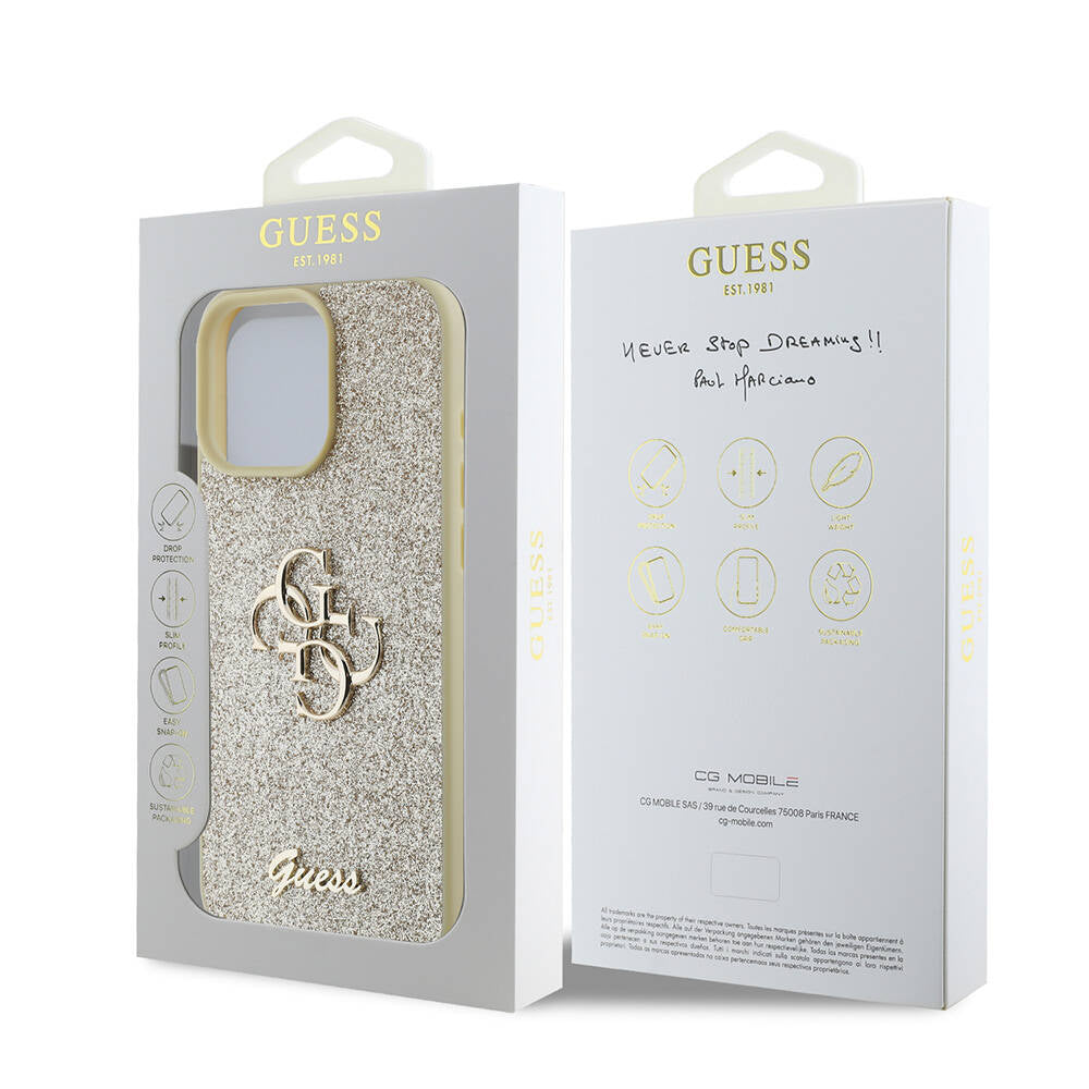 Apple iPhone 16 Pro Max Case Guess Original Licensed 4G Large Metal Logo Glitter Cover Black