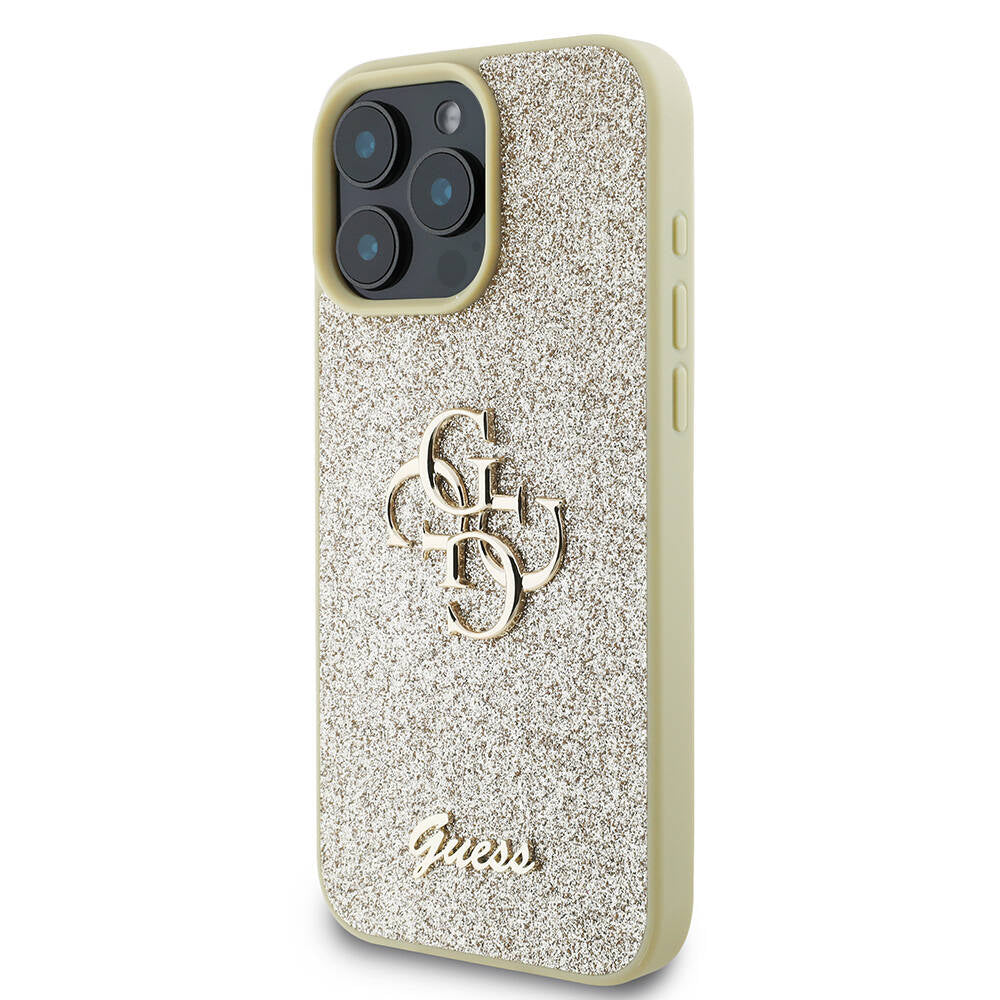 Apple iPhone 16 Pro Max Case Guess Original Licensed 4G Large Metal Logo Glitter Cover Black