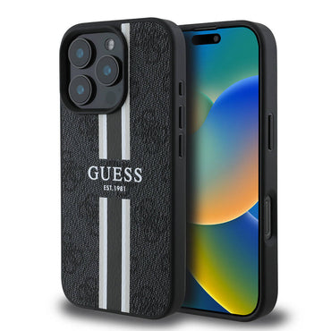 Apple iPhone 16 Pro Max Case Guess Original Licensed M-safe Charging Feature 4G Stripe Design Printed Cover Brown