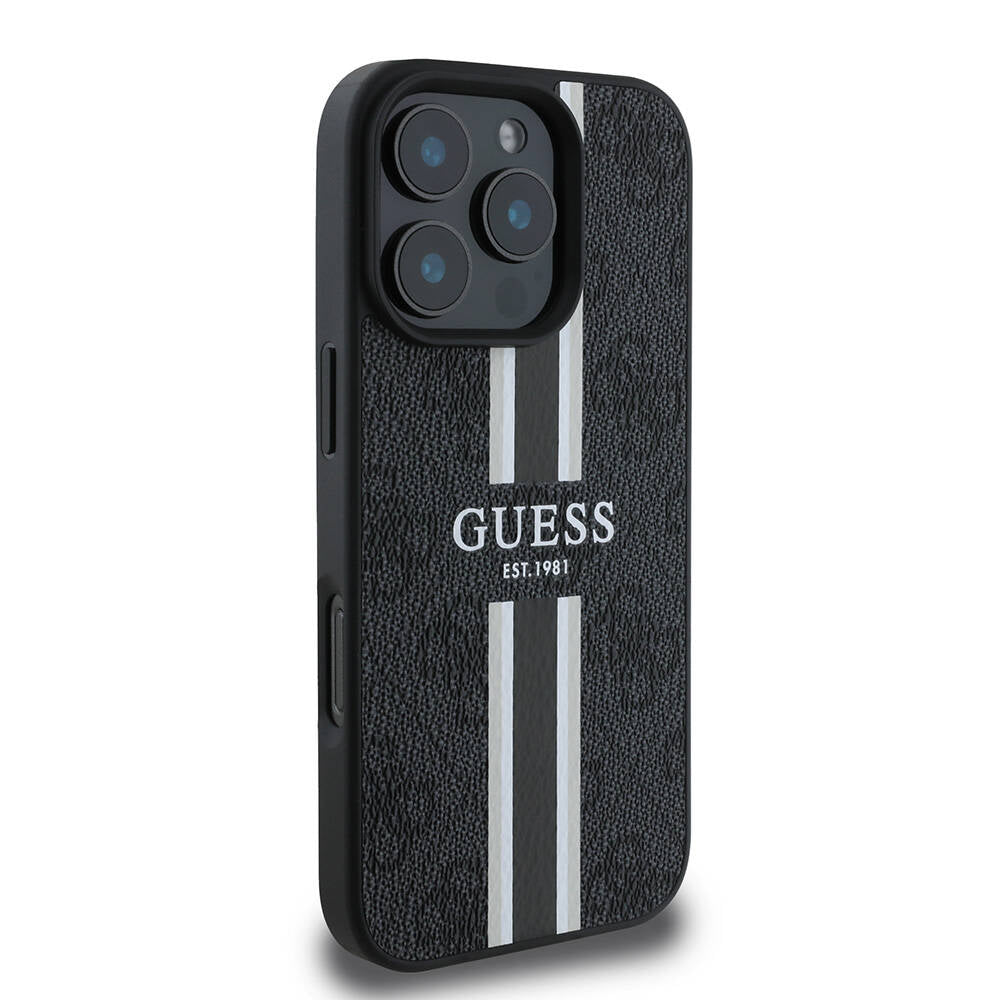 Apple iPhone 16 Pro Max Case Guess Original Licensed M-safe Charging Feature 4G Stripe Design Printed Cover Brown