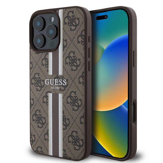 Apple iPhone 16 Pro Max Case Guess Original Licensed M-safe Charging Feature 4G Stripe Design Printed Cover Brown