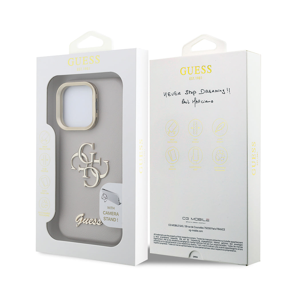 Apple iPhone 16 Pro Max Kılıf Guess Orjinal Lisanslı Grained Yazı Logolu Kamera Standlı Kapak Kahverengi