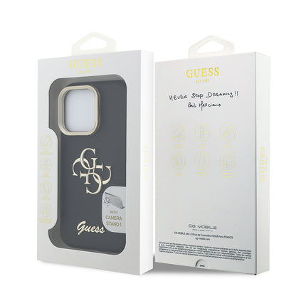 Apple iPhone 16 Pro Max Kılıf Guess Orjinal Lisanslı Grained Yazı Logolu Kamera Standlı Kapak Kahverengi