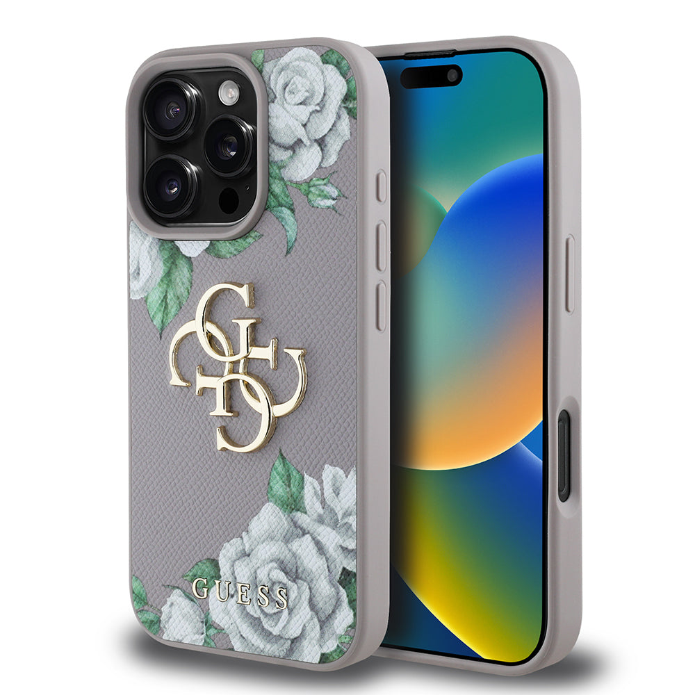 Apple iPhone 16 Pro Max Case Guess Original Licensed Rose Printed Large Metal Logo Design Cover Purple