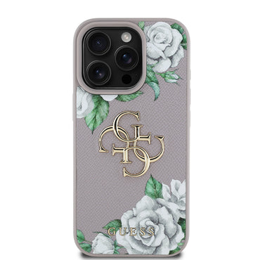 Apple iPhone 16 Pro Max Case Guess Original Licensed Rose Printed Large Metal Logo Design Cover Purple