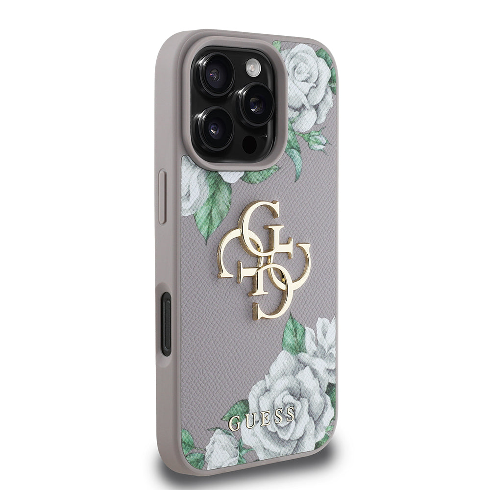 Apple iPhone 16 Pro Max Case Guess Original Licensed Rose Printed Large Metal Logo Design Cover Purple