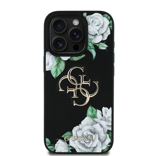 Apple iPhone 16 Pro Max Case Guess Original Licensed Rose Printed Large Metal Logo Design Cover Black