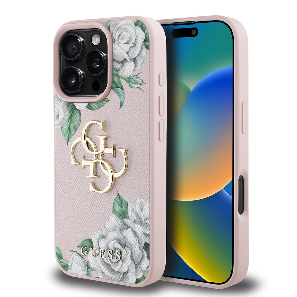 Apple iPhone 16 Pro Max Case Guess Original Licensed Rose Printed Large Metal Logo Design Cover Purple