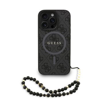 Apple iPhone 16 Pro Max Kılıf Guess Orjinal Lisanslı M-safe Şarj Özellikli PU Deri Bilek Askı İpli Yazı Logolu Kapak Pembe