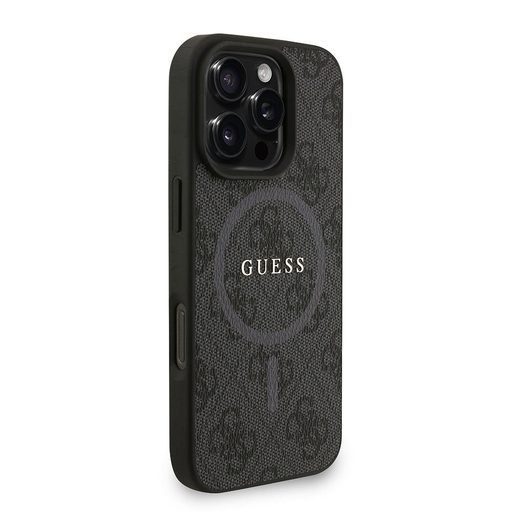 Apple iPhone 16 Pro Max Kılıf Guess Orjinal Lisanslı M-safe Şarj Özellikli PU Deri Bilek Askı İpli Yazı Logolu Kapak Kahverengi