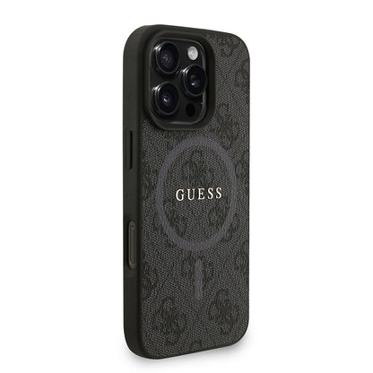 Apple iPhone 16 Pro Max Kılıf Guess Orjinal Lisanslı M-safe Şarj Özellikli PU Deri Bilek Askı İpli Yazı Logolu Kapak Kahverengi