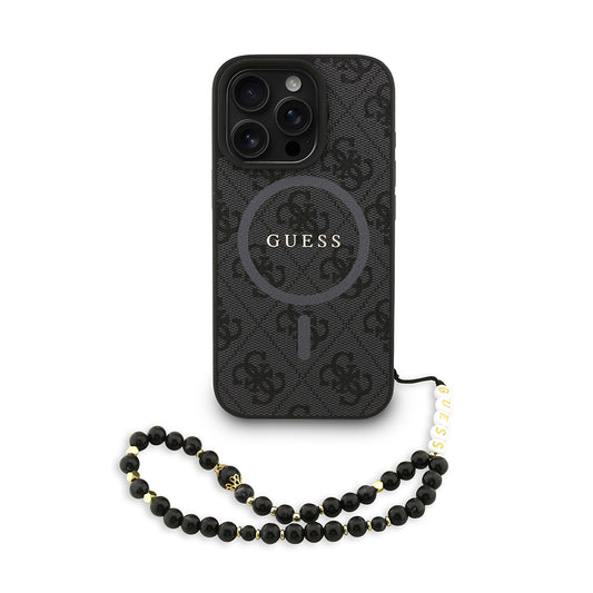Apple iPhone 16 Pro Max Kılıf Guess Orjinal Lisanslı M-safe Şarj Özellikli PU Deri Bilek Askı İpli Yazı Logolu Kapak Siyah