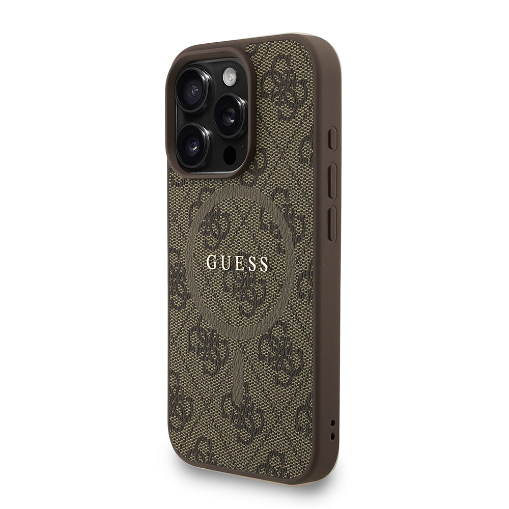 Apple iPhone 16 Pro Max Kılıf Guess Orjinal Lisanslı M-safe Şarj Özellikli PU Deri Bilek Askı İpli Yazı Logolu Kapak Kahverengi