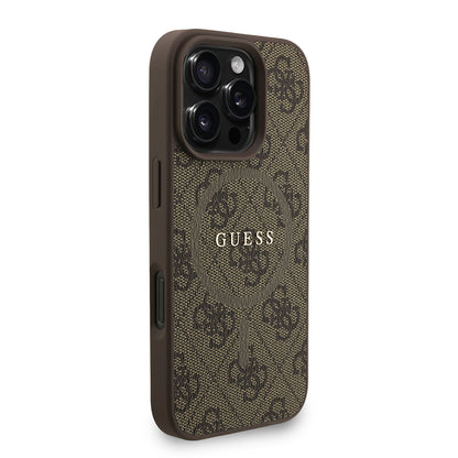 Apple iPhone 16 Pro Max Kılıf Guess Orjinal Lisanslı M-safe Şarj Özellikli PU Deri Bilek Askı İpli Yazı Logolu Kapak Pembe