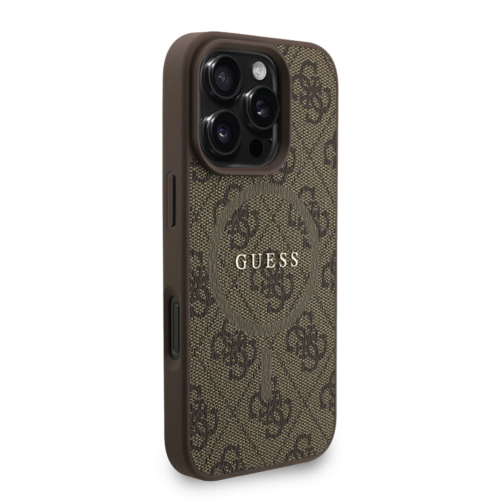 Apple iPhone 16 Pro Max Kılıf Guess Orjinal Lisanslı M-safe Şarj Özellikli PU Deri Bilek Askı İpli Yazı Logolu Kapak Kahverengi