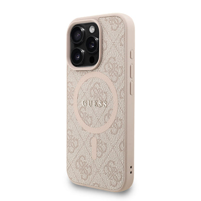 Apple iPhone 16 Pro Max Kılıf Guess Orjinal Lisanslı M-safe Şarj Özellikli PU Deri Bilek Askı İpli Yazı Logolu Kapak Kahverengi