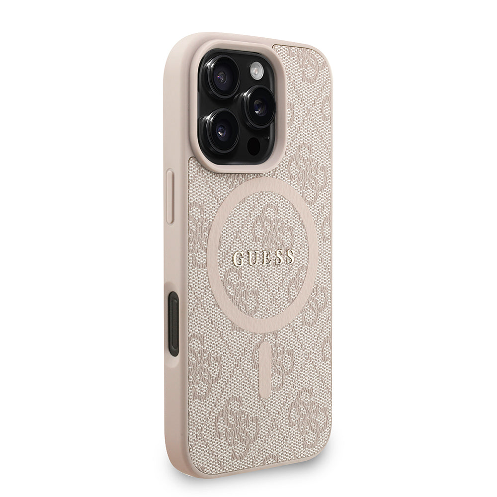 Apple iPhone 16 Pro Max Kılıf Guess Orjinal Lisanslı M-safe Şarj Özellikli PU Deri Bilek Askı İpli Yazı Logolu Kapak Kahverengi