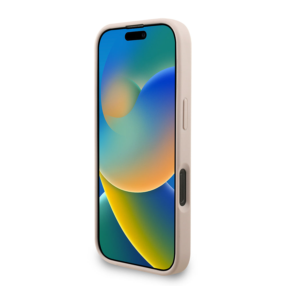 Apple iPhone 16 Pro Max Kılıf Guess Orjinal Lisanslı M-safe Şarj Özellikli PU Deri Bilek Askı İpli Yazı Logolu Kapak Pembe