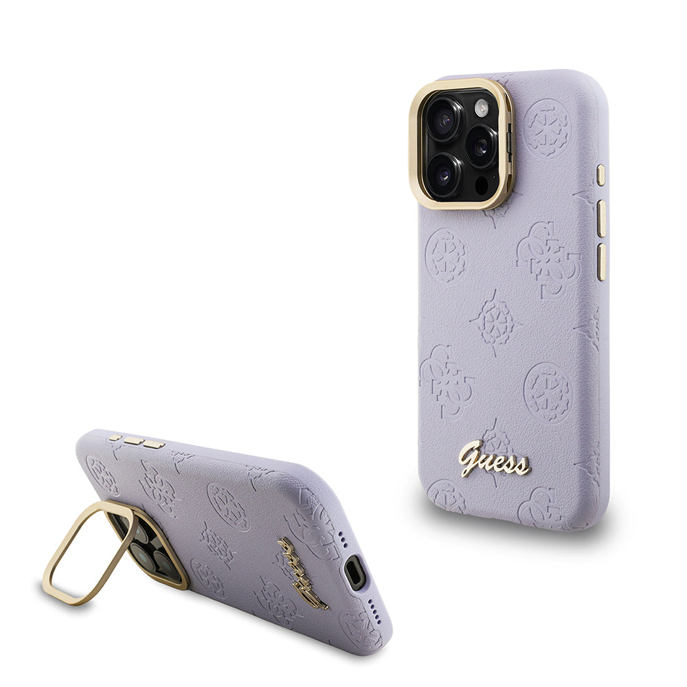 Apple iPhone 16 Pro Max Kılıf Guess Orjinal Lisanslı M-safe Şarj Özellikli Sıcak Baskılı Yazı Logolu Kamera Standlı PU Deri Peony Kapak Mor