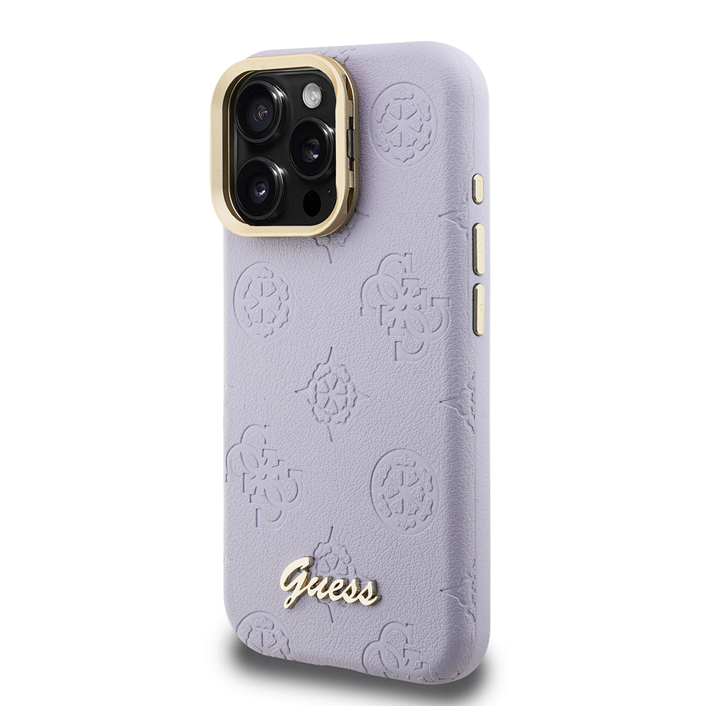 Apple iPhone 16 Pro Max Kılıf Guess Orjinal Lisanslı M-safe Şarj Özellikli Sıcak Baskılı Yazı Logolu Kamera Standlı PU Deri Peony Kapak Mor