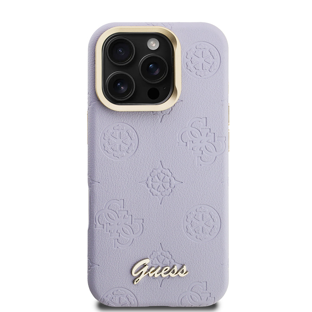 Apple iPhone 16 Pro Max Kılıf Guess Orjinal Lisanslı M-safe Şarj Özellikli Sıcak Baskılı Yazı Logolu Kamera Standlı PU Deri Peony Kapak Siyah