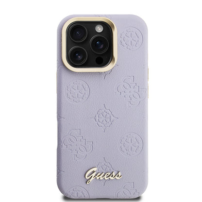 Apple iPhone 16 Pro Max Kılıf Guess Orjinal Lisanslı M-safe Şarj Özellikli Sıcak Baskılı Yazı Logolu Kamera Standlı PU Deri Peony Kapak Mor