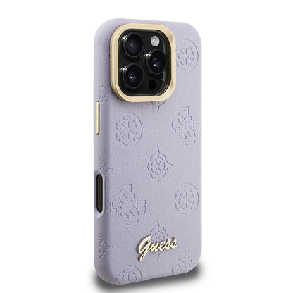 Apple iPhone 16 Pro Max Kılıf Guess Orjinal Lisanslı M-safe Şarj Özellikli Sıcak Baskılı Yazı Logolu Kamera Standlı PU Deri Peony Kapak Mor