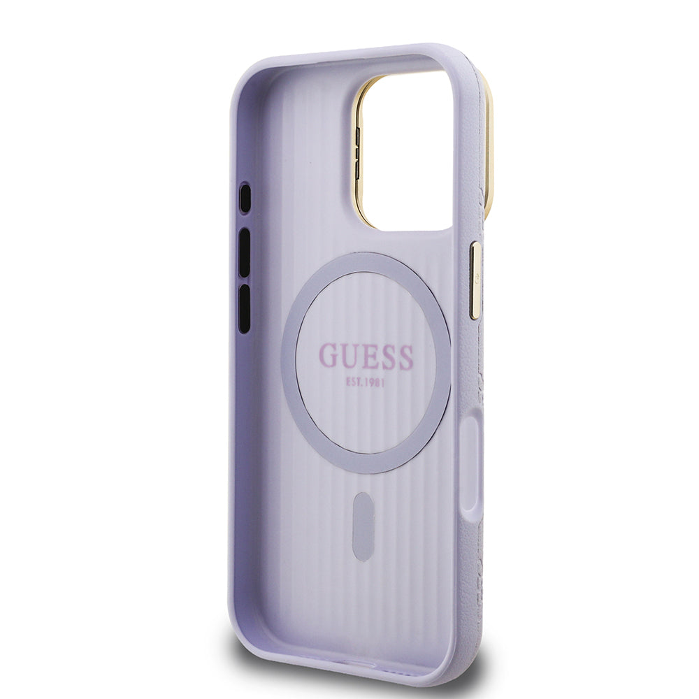 Apple iPhone 16 Pro Max Kılıf Guess Orjinal Lisanslı M-safe Şarj Özellikli Sıcak Baskılı Yazı Logolu Kamera Standlı PU Deri Peony Kapak Mor